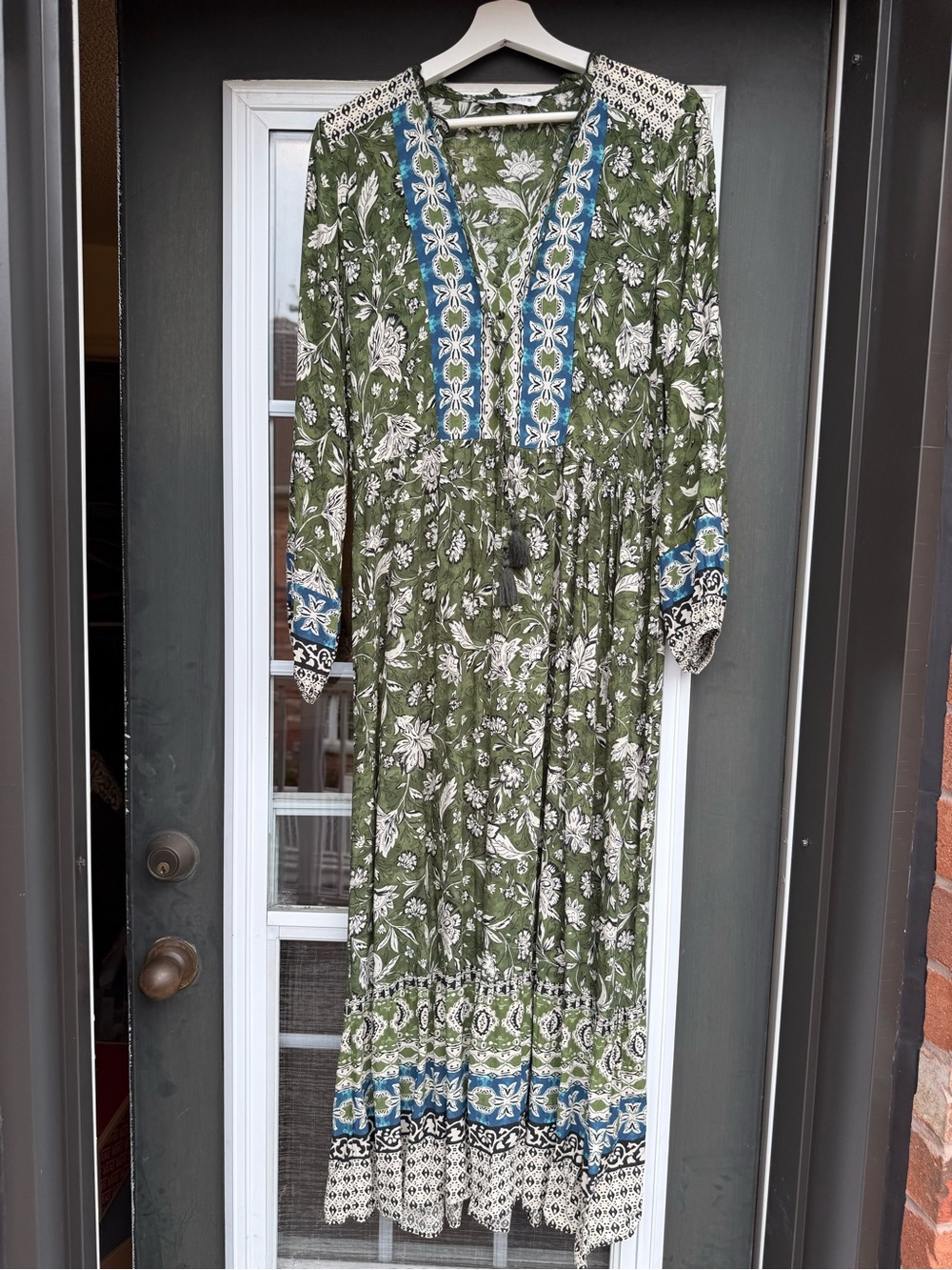 Zara Olive Green Floral Maxi Dress with Blue Accent